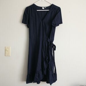 Gap Wrap Dress S Tall Navy BLue Linen Blend Ruffle Cap Sleeves Ties Minimalist